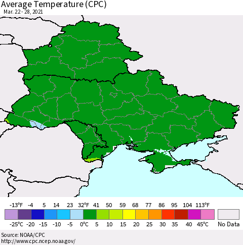 Ukraine, Moldova and Belarus Average Temperature (CPC) Thematic Map For 3/22/2021 - 3/28/2021