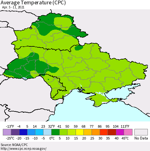 Ukraine, Moldova and Belarus Average Temperature (CPC) Thematic Map For 4/5/2021 - 4/11/2021