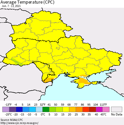 Ukraine, Moldova and Belarus Average Temperature (CPC) Thematic Map For 6/7/2021 - 6/13/2021