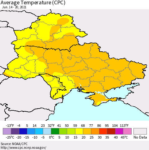 Ukraine, Moldova and Belarus Average Temperature (CPC) Thematic Map For 6/14/2021 - 6/20/2021