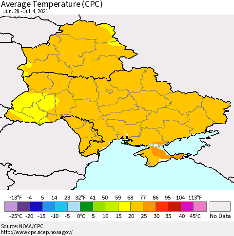 Ukraine, Moldova and Belarus Average Temperature (CPC) Thematic Map For 6/28/2021 - 7/4/2021