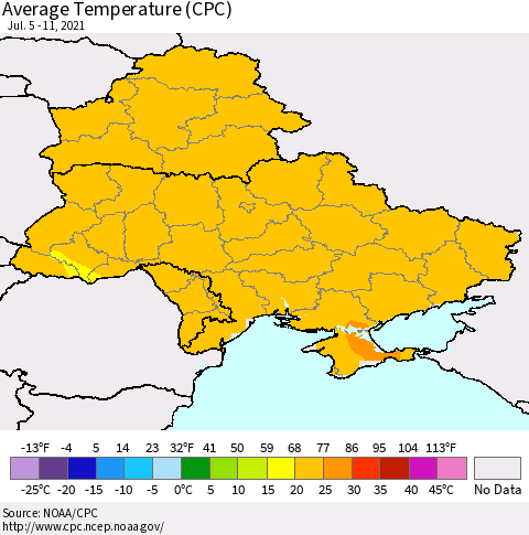 Ukraine, Moldova and Belarus Average Temperature (CPC) Thematic Map For 7/5/2021 - 7/11/2021