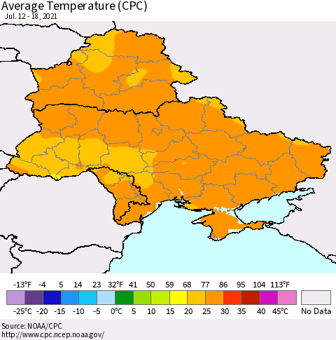 Ukraine, Moldova and Belarus Average Temperature (CPC) Thematic Map For 7/12/2021 - 7/18/2021