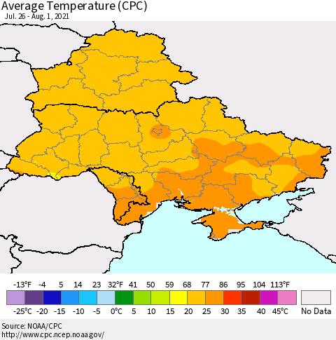 Ukraine, Moldova and Belarus Average Temperature (CPC) Thematic Map For 7/26/2021 - 8/1/2021