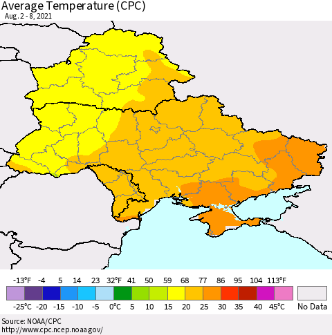 Ukraine, Moldova and Belarus Average Temperature (CPC) Thematic Map For 8/2/2021 - 8/8/2021