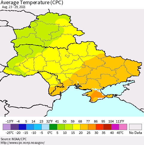 Ukraine, Moldova and Belarus Average Temperature (CPC) Thematic Map For 8/23/2021 - 8/29/2021
