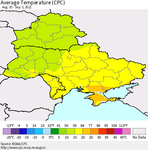 Ukraine, Moldova and Belarus Average Temperature (CPC) Thematic Map For 8/30/2021 - 9/5/2021