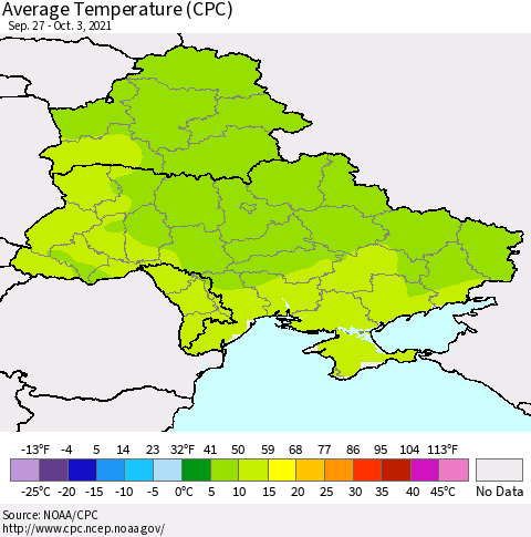 Ukraine, Moldova and Belarus Average Temperature (CPC) Thematic Map For 9/27/2021 - 10/3/2021