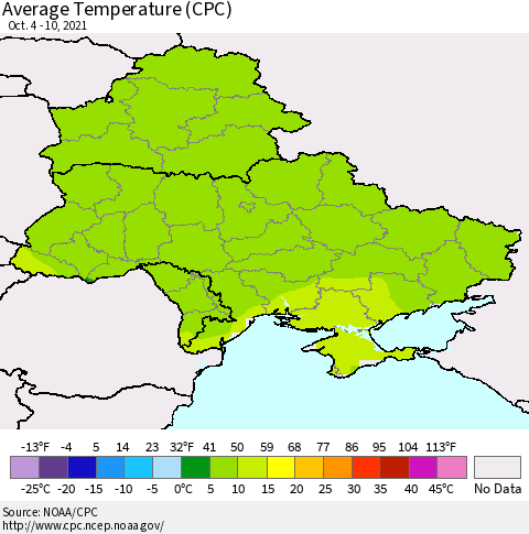 Ukraine, Moldova and Belarus Average Temperature (CPC) Thematic Map For 10/4/2021 - 10/10/2021