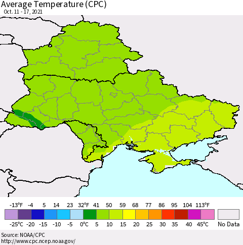 Ukraine, Moldova and Belarus Average Temperature (CPC) Thematic Map For 10/11/2021 - 10/17/2021