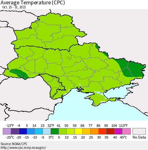 Ukraine, Moldova and Belarus Average Temperature (CPC) Thematic Map For 10/25/2021 - 10/31/2021