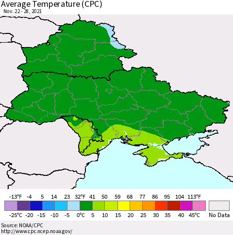 Ukraine, Moldova and Belarus Average Temperature (CPC) Thematic Map For 11/22/2021 - 11/28/2021