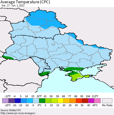 Ukraine, Moldova and Belarus Average Temperature (CPC) Thematic Map For 12/27/2021 - 1/2/2022