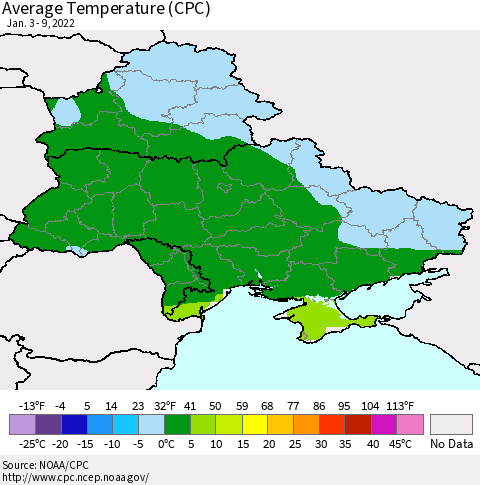 Ukraine, Moldova and Belarus Average Temperature (CPC) Thematic Map For 1/3/2022 - 1/9/2022