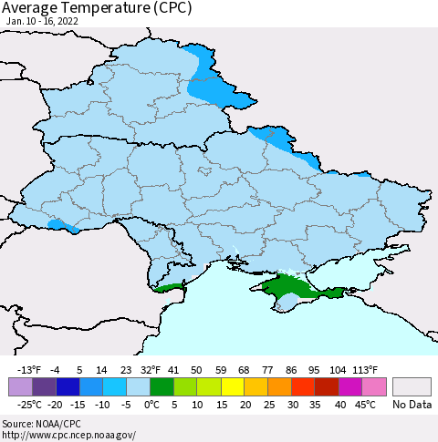 Ukraine, Moldova and Belarus Average Temperature (CPC) Thematic Map For 1/10/2022 - 1/16/2022