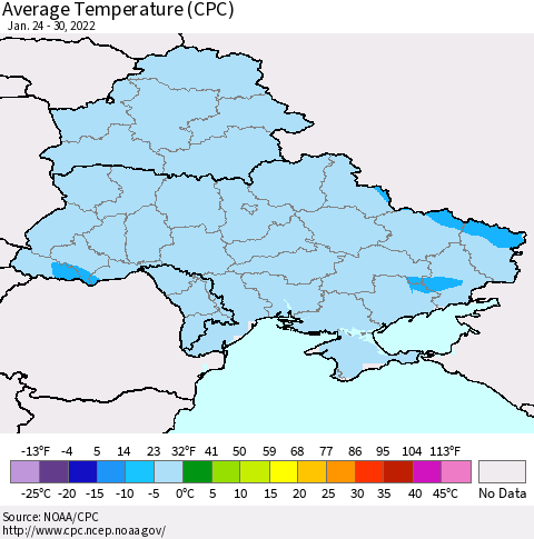 Ukraine, Moldova and Belarus Average Temperature (CPC) Thematic Map For 1/24/2022 - 1/30/2022