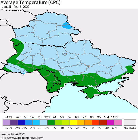 Ukraine, Moldova and Belarus Average Temperature (CPC) Thematic Map For 1/31/2022 - 2/6/2022
