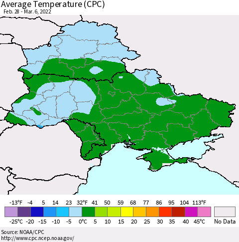 Ukraine, Moldova and Belarus Average Temperature (CPC) Thematic Map For 2/28/2022 - 3/6/2022