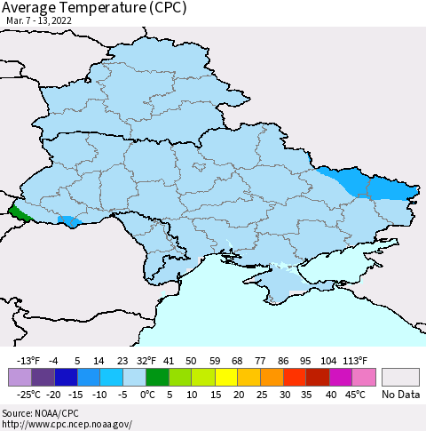 Ukraine, Moldova and Belarus Average Temperature (CPC) Thematic Map For 3/7/2022 - 3/13/2022