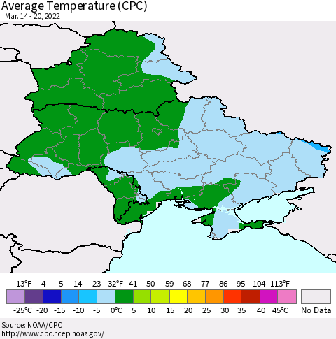 Ukraine, Moldova and Belarus Average Temperature (CPC) Thematic Map For 3/14/2022 - 3/20/2022
