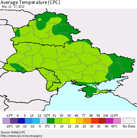 Ukraine, Moldova and Belarus Average Temperature (CPC) Thematic Map For 3/21/2022 - 3/27/2022