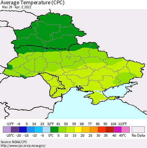 Ukraine, Moldova and Belarus Average Temperature (CPC) Thematic Map For 3/28/2022 - 4/3/2022