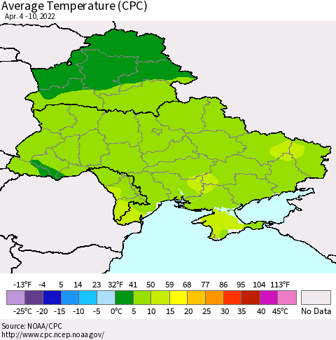 Ukraine, Moldova and Belarus Average Temperature (CPC) Thematic Map For 4/4/2022 - 4/10/2022