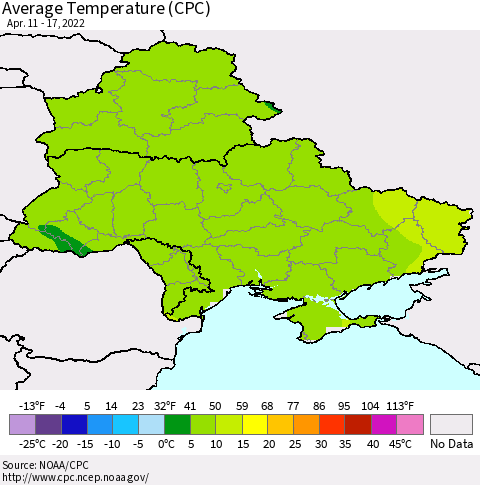 Ukraine, Moldova and Belarus Average Temperature (CPC) Thematic Map For 4/11/2022 - 4/17/2022