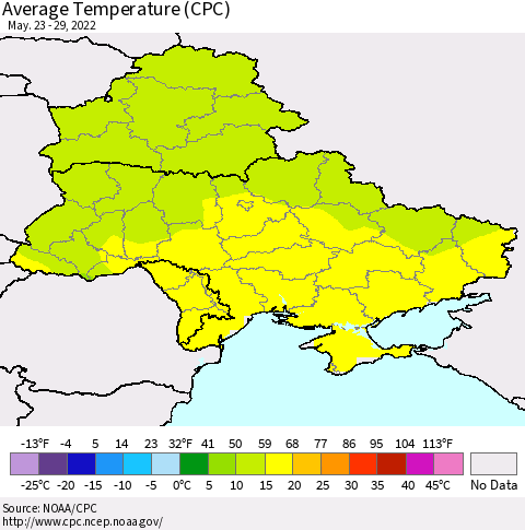 Ukraine, Moldova and Belarus Average Temperature (CPC) Thematic Map For 5/23/2022 - 5/29/2022