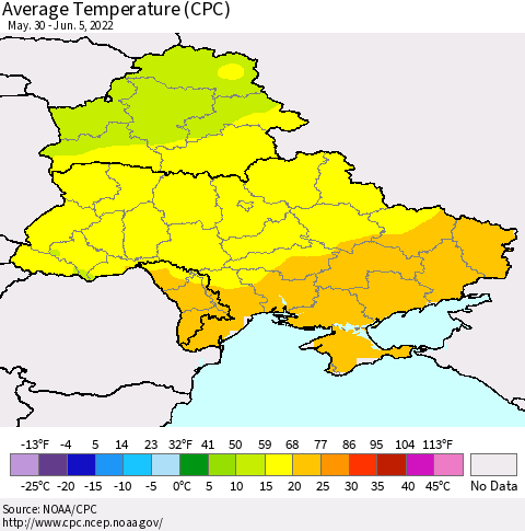 Ukraine, Moldova and Belarus Average Temperature (CPC) Thematic Map For 5/30/2022 - 6/5/2022