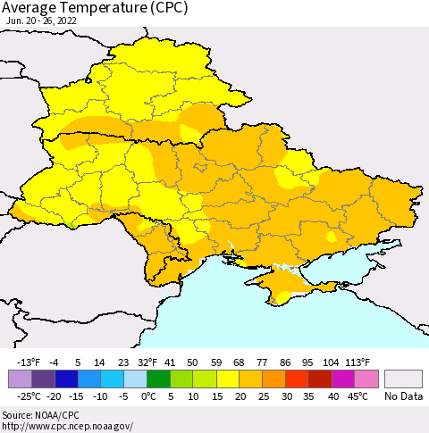 Ukraine, Moldova and Belarus Average Temperature (CPC) Thematic Map For 6/20/2022 - 6/26/2022