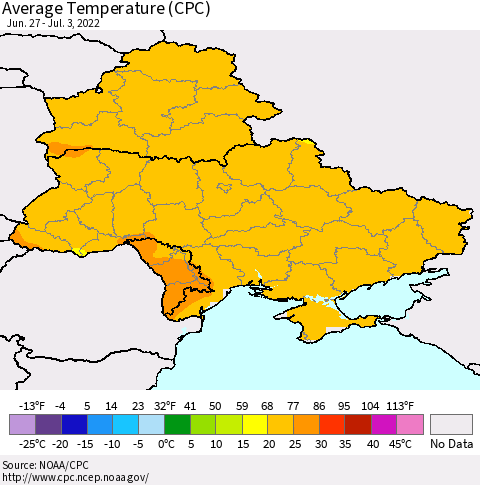 Ukraine, Moldova and Belarus Average Temperature (CPC) Thematic Map For 6/27/2022 - 7/3/2022