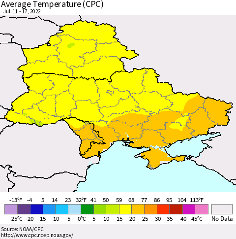 Ukraine, Moldova and Belarus Average Temperature (CPC) Thematic Map For 7/11/2022 - 7/17/2022