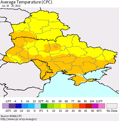 Ukraine, Moldova and Belarus Average Temperature (CPC) Thematic Map For 7/18/2022 - 7/24/2022