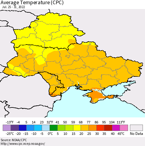 Ukraine, Moldova and Belarus Average Temperature (CPC) Thematic Map For 7/25/2022 - 7/31/2022