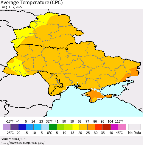 Ukraine, Moldova and Belarus Average Temperature (CPC) Thematic Map For 8/1/2022 - 8/7/2022