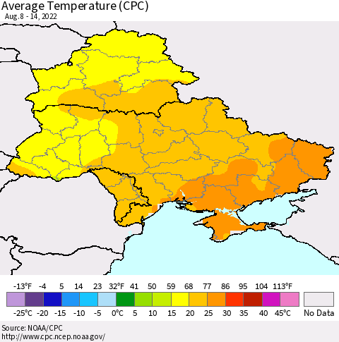 Ukraine, Moldova and Belarus Average Temperature (CPC) Thematic Map For 8/8/2022 - 8/14/2022