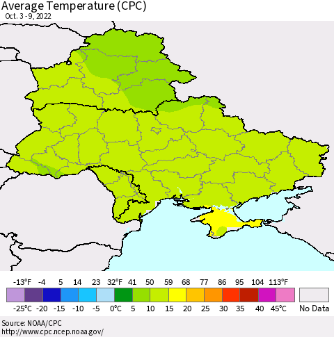 Ukraine, Moldova and Belarus Average Temperature (CPC) Thematic Map For 10/3/2022 - 10/9/2022