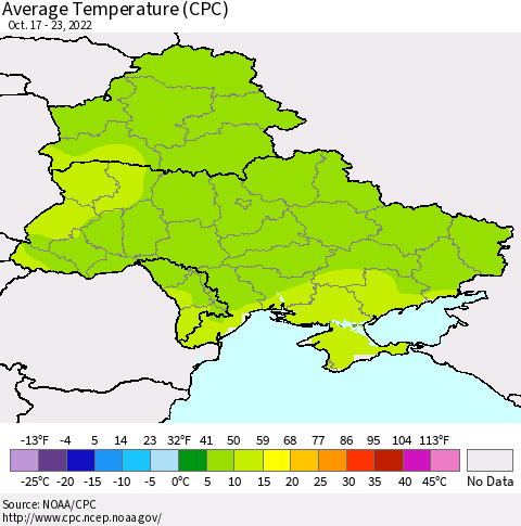 Ukraine, Moldova and Belarus Average Temperature (CPC) Thematic Map For 10/17/2022 - 10/23/2022