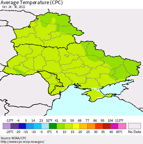Ukraine, Moldova and Belarus Average Temperature (CPC) Thematic Map For 10/24/2022 - 10/30/2022