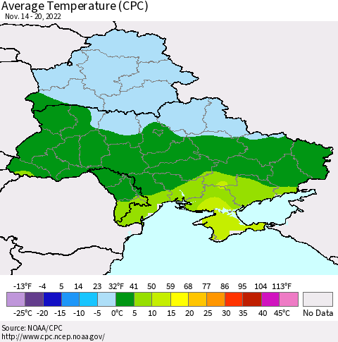 Ukraine, Moldova and Belarus Average Temperature (CPC) Thematic Map For 11/14/2022 - 11/20/2022
