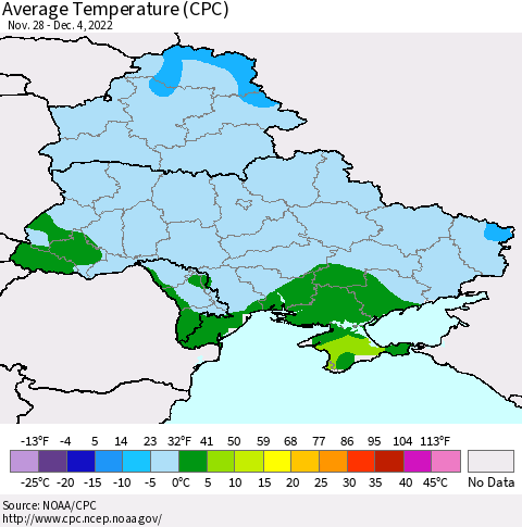 Ukraine, Moldova and Belarus Average Temperature (CPC) Thematic Map For 11/28/2022 - 12/4/2022