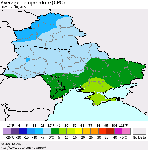Ukraine, Moldova and Belarus Average Temperature (CPC) Thematic Map For 12/12/2022 - 12/18/2022