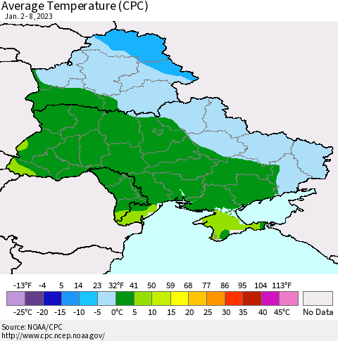 Ukraine, Moldova and Belarus Average Temperature (CPC) Thematic Map For 1/2/2023 - 1/8/2023