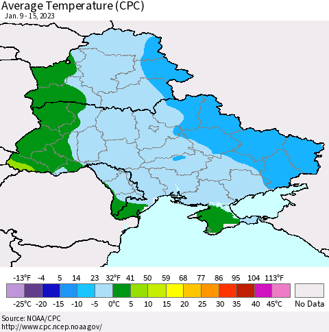 Ukraine, Moldova and Belarus Average Temperature (CPC) Thematic Map For 1/9/2023 - 1/15/2023