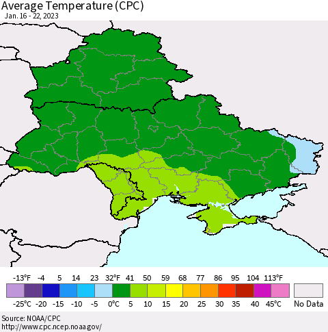 Ukraine, Moldova and Belarus Average Temperature (CPC) Thematic Map For 1/16/2023 - 1/22/2023