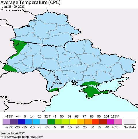 Ukraine, Moldova and Belarus Average Temperature (CPC) Thematic Map For 1/23/2023 - 1/29/2023