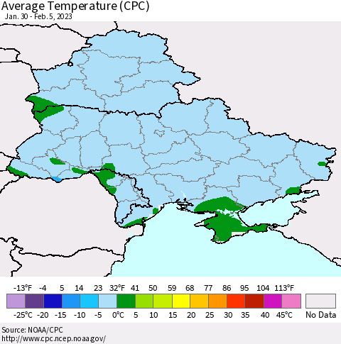 Ukraine, Moldova and Belarus Average Temperature (CPC) Thematic Map For 1/30/2023 - 2/5/2023