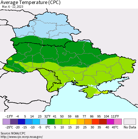 Ukraine, Moldova and Belarus Average Temperature (CPC) Thematic Map For 3/6/2023 - 3/12/2023