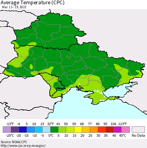 Ukraine, Moldova and Belarus Average Temperature (CPC) Thematic Map For 3/13/2023 - 3/19/2023